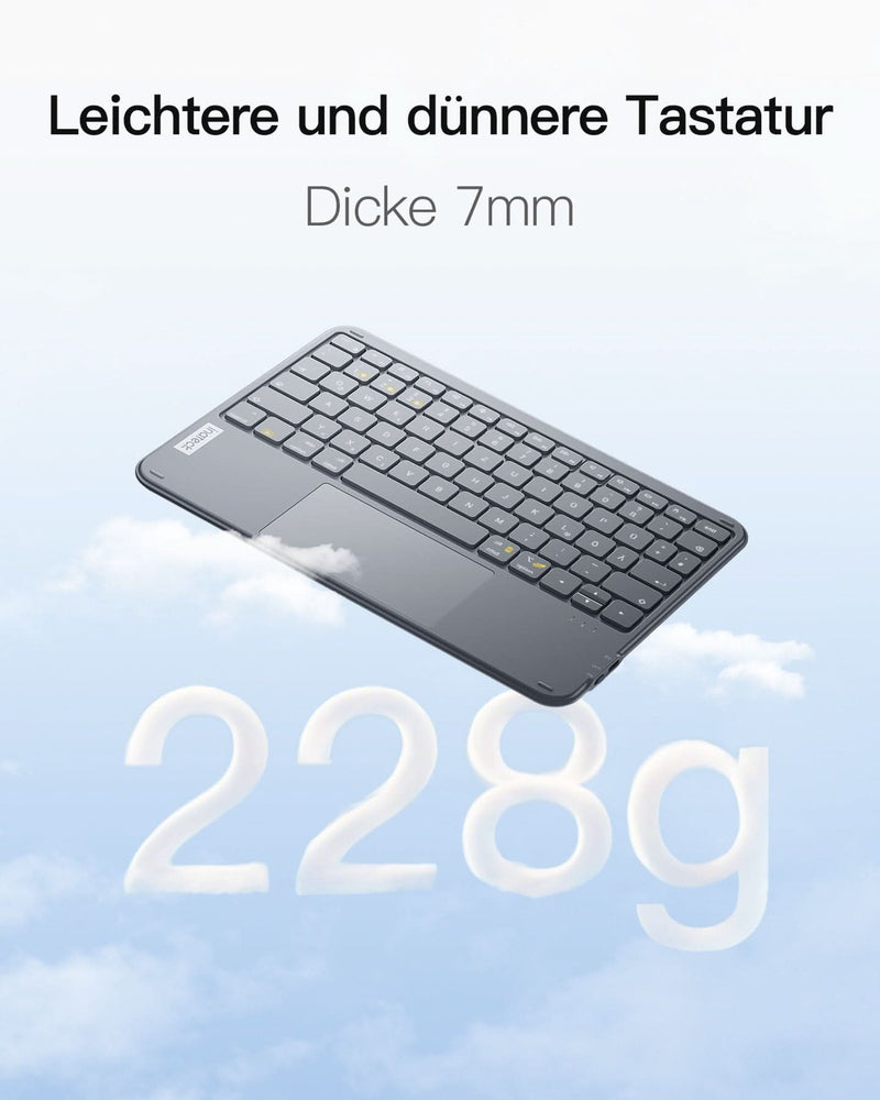 Ultraleichte Tablet Tastatur Kabellose QWERTZ Deutsch mit Trackpad, kompatibel mit iPad/Tablet/Windows/Laptop/PC, KB01105