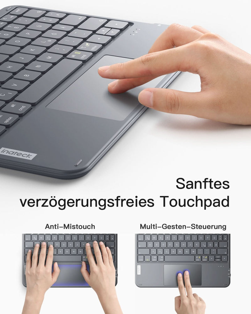 Ultraleichte Tablet Tastatur Kabellose QWERTZ Deutsch mit Trackpad, kompatibel mit iPad/Tablet/Windows/Laptop/PC, KB01105