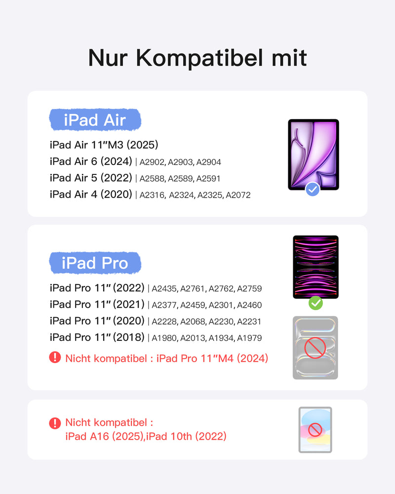 Magnetische Tastatur Hülle für iPad Air 11" M3/M2 (2025/2024), iPad Air 6/5/4, iPad Pro 11" 4/3/2/1, QWERTZ, KB19117