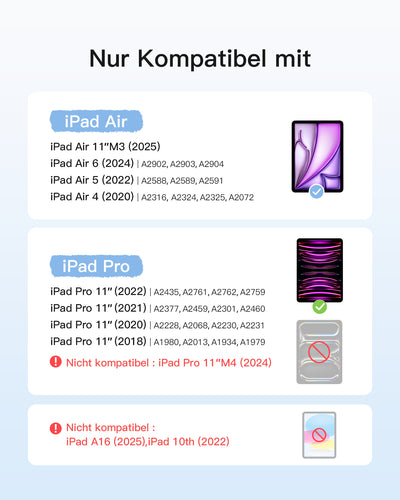 Abnehmbare Tastatur für iPad Air 11" M3/M2 (2025/2024), iPad Air 6/5/4, iPad Pro 11" 4/3/2/1, QWERTZ, KB04111