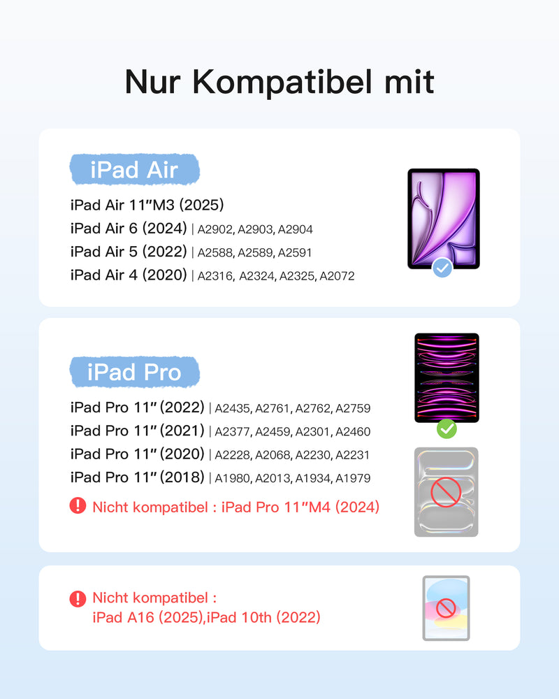 Abnehmbare Tastatur für iPad Air 11" M3/M2 (2025/2024), iPad Air 6/5/4, iPad Pro 11" 4/3/2/1, QWERTZ, KB04111