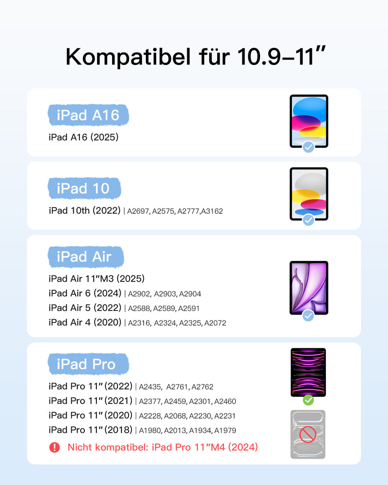 Ultraleicht Tastatur für iPad 11" (A16 2025), iPad 10, iPad Air 11" M3/M2 (2025/2024), iPad Air 7/6/5/4, iPad Pro 11" 4/3/2/1, QWERTZ, KB04122