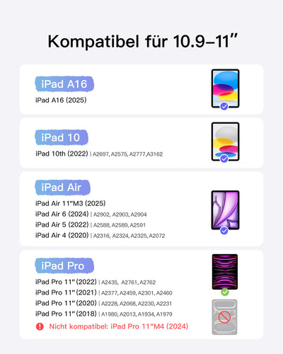 Ultraleicht Tastatur für iPad 11" (A16 2025), iPad 10, iPad Air 11" M3/M2 (2025/2024), iPad Air 7/6/5/4, iPad Pro 11" 4/3/2/1, QWERTZ, KB04122