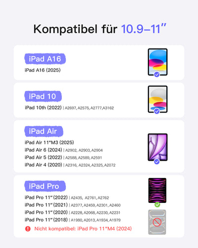 Ultraleicht Tastatur für iPad 11" (A16 2025), iPad 10, iPad Air 11" M3/M2 (2025/2024), iPad Air 7/6/5/4, iPad Pro 11" 4/3/2/1, QWERTZ, KB04122