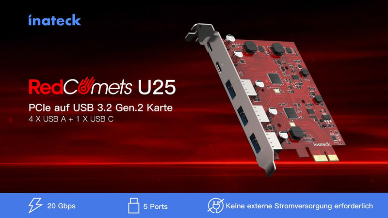 PCIe 3.0 x1 USB Karte mit 3 USB-A Ports und 2 USB-C Ports, Keine Externe Stromversorgung erforderlich, KU5211E_red