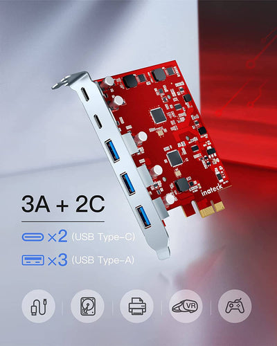 PCIe 3.0 x1 USB Karte mit 3 USB-A Ports und 2 USB-C Ports, Keine Externe Stromversorgung erforderlich, KU5211E_red - Inateck Official DE