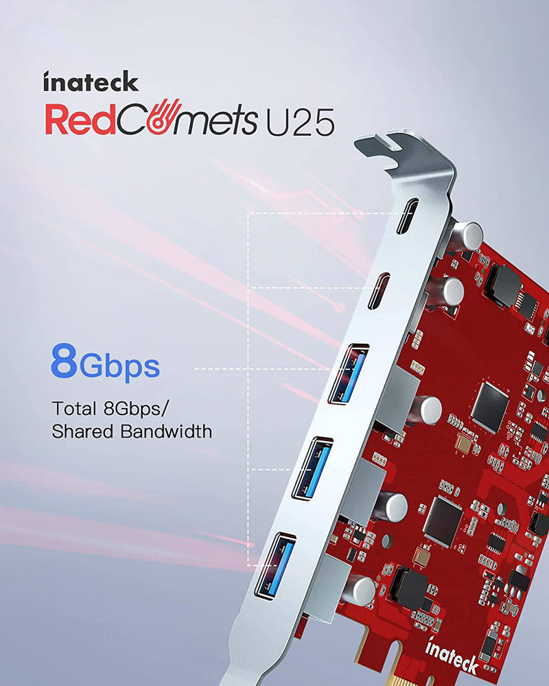 PCIe 3.0 x1 USB Karte mit 3 USB-A Ports und 2 USB-C Ports, Keine Externe Stromversorgung erforderlich, KU5211E_red - Inateck Official DE